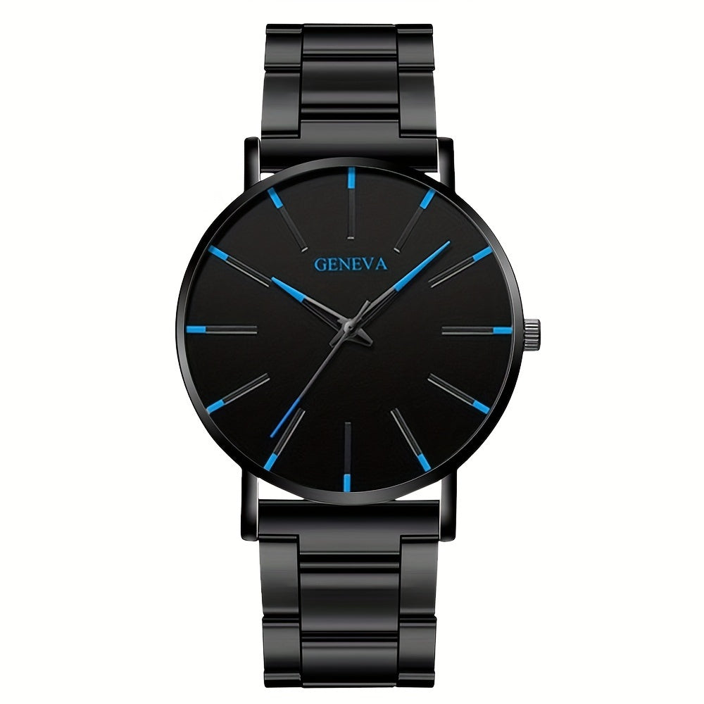 Conjunto de 2 peças: Relógio de pulso masculino elegante e preciso com pulseira de quartzo, mostrador redondo com escala e ponteiros azuis, acionamento eletrônico, bateria tipo botão não recarregável