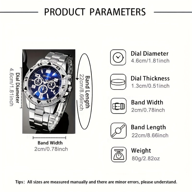 Conjunto de 4 peças elegantes para homens, em aço inoxidável, com relógio de quartzo, pulseira também em aço inoxidável, mostrador de pontos, corrente, anel e colar – Presente perfeito