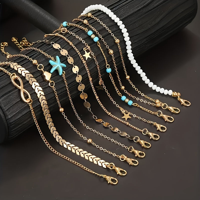 Conjunto de 10 tornozeleiras de metal com pingente de estrela-do-mar em estilo boêmio