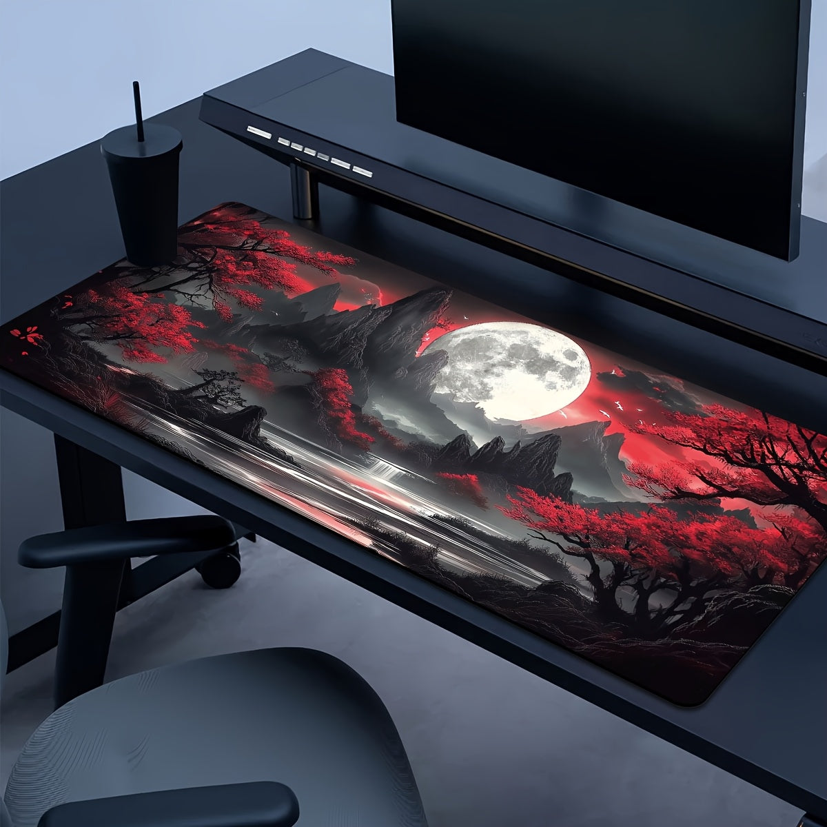 Tapete de teclado gamer extragrande e durável com estampa de lua escura