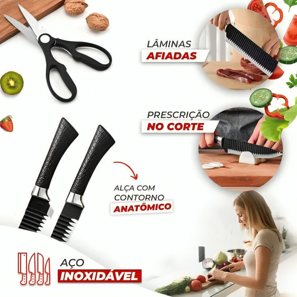 Conjunto de 6 peças para churrasco: facas para carne e legumes, descascador e tesoura profissional.
