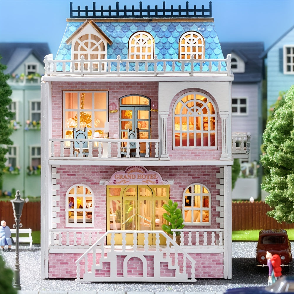 Casa de bonecas DIYMNHAUS com mobília - Modelo de madeira feito à mão, ideal para crianças e adolescentes,  casa em miniatura rosa para montar (sem cola/pilhas).