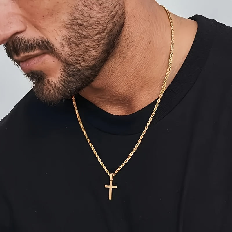 Colar com pingente de cruz em aço inoxidável banhado a ouro 8K, corrente de corda elegante, acessório de joalheria religiosa unissex