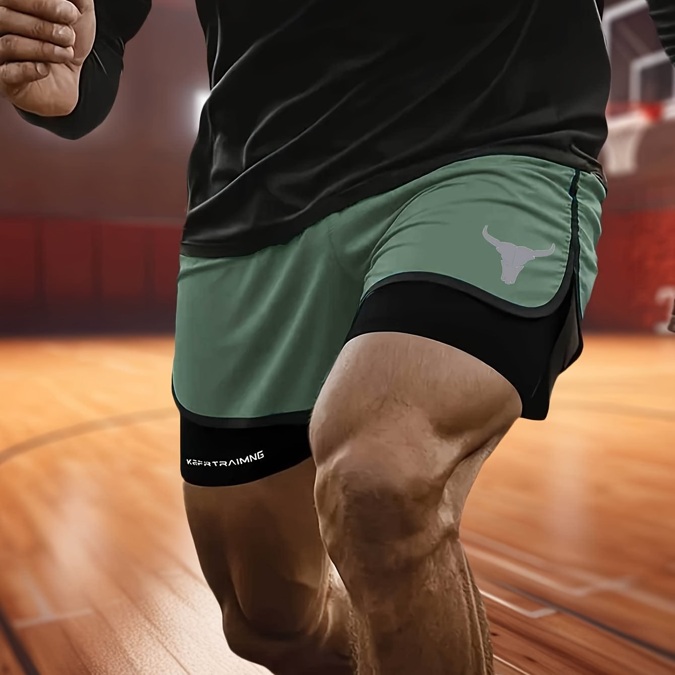 Calções de treino masculinos de secagem rápida e respiráveis com uma moderna estampa de cabeça de touro, perfeitos para praia e atividades físicas.