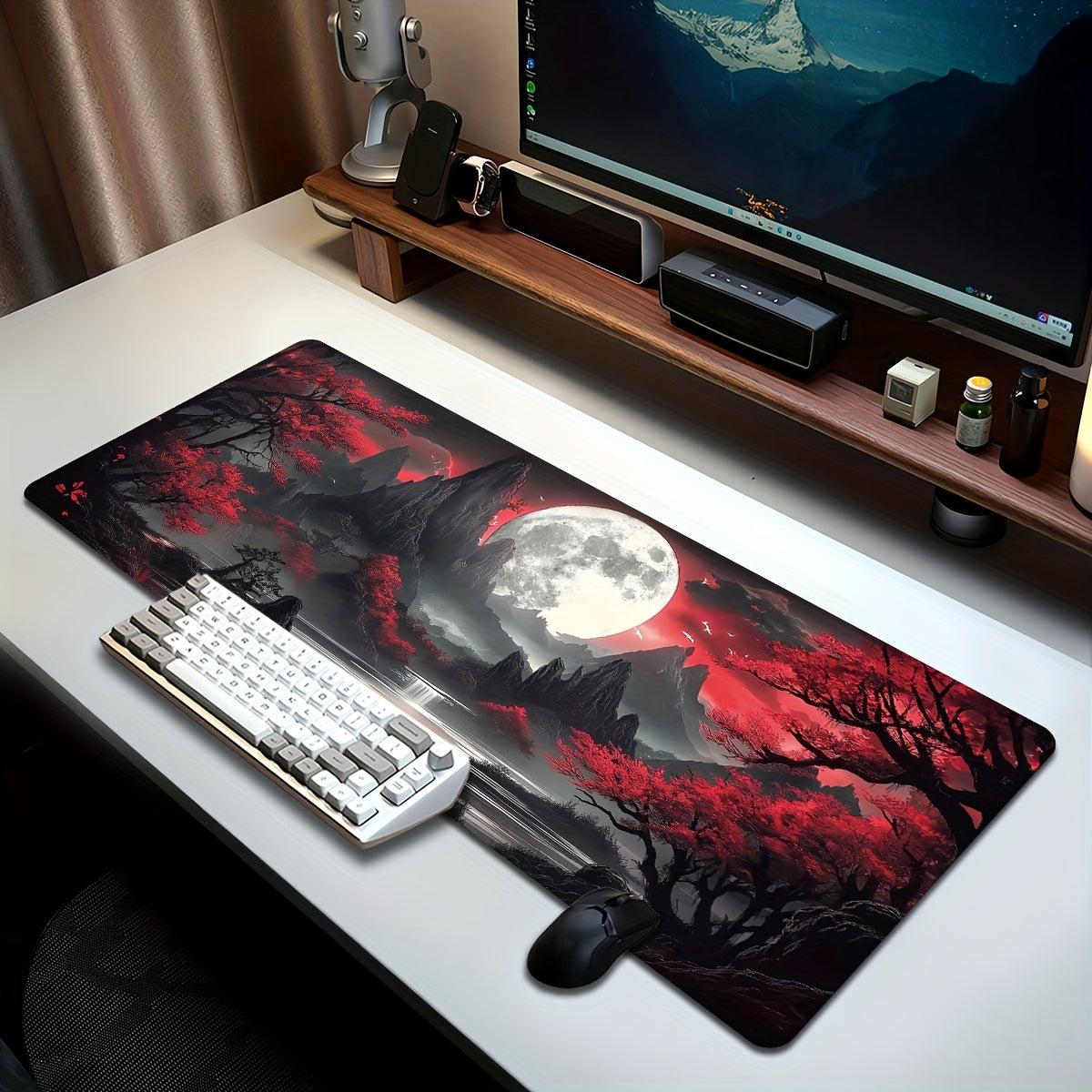 Tapete de teclado gamer extragrande e durável com estampa de lua escura