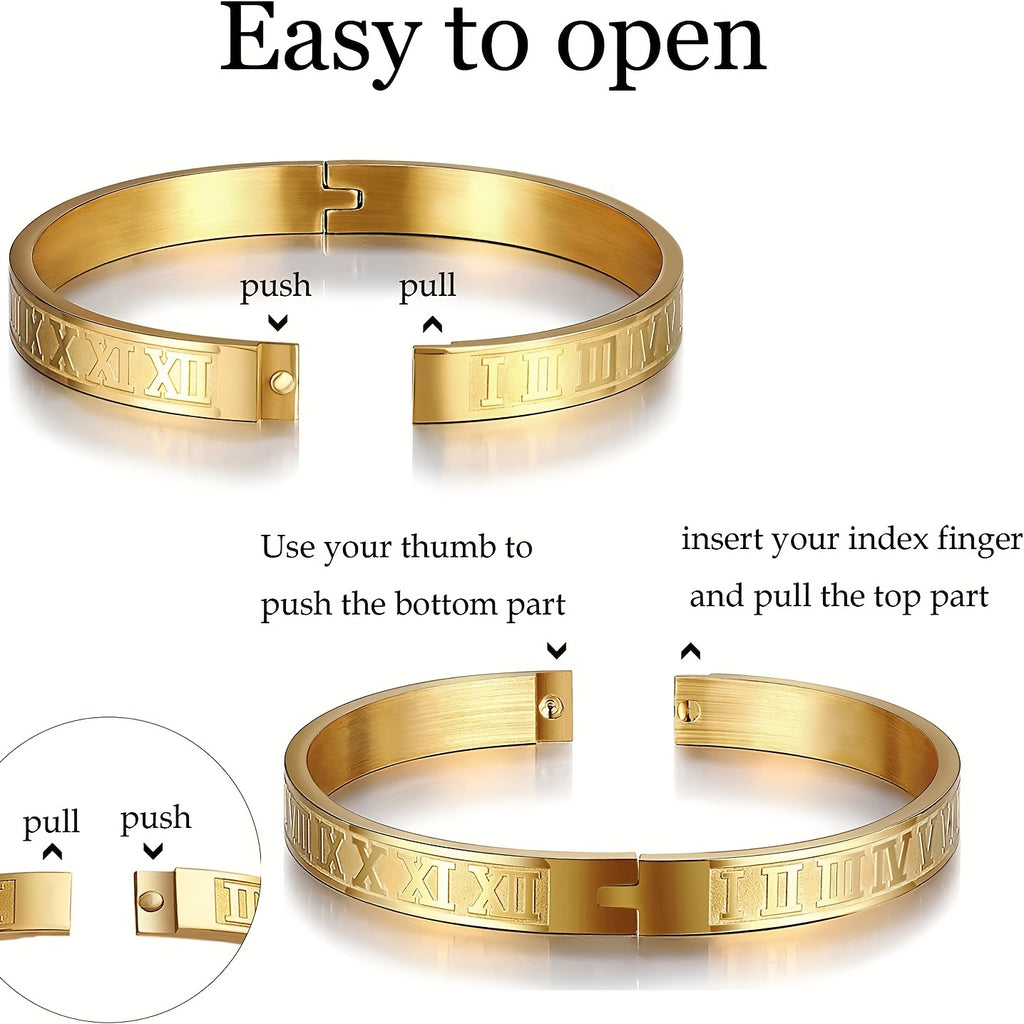 Conjunto de três peças com um estilo luxuoso e discreto: pulseira e bracelete em aço inoxidável polido com trança romana em formato de coroa, um modelo moderno e elegante.