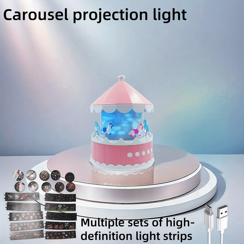 Projetor de Luz Noturna em Formato de Carrossel – Rosa | Projeção 360°