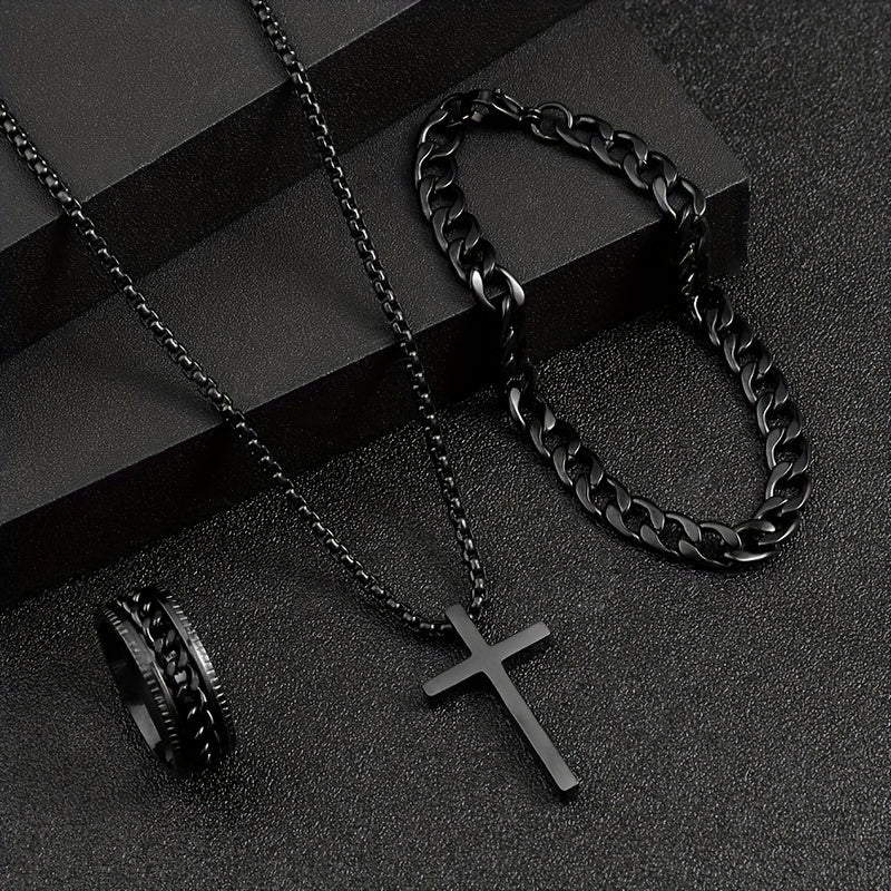 Conjunto de 3 peças de joias em aço inoxidável da série Dark, elegantes e versáteis, com cruzes