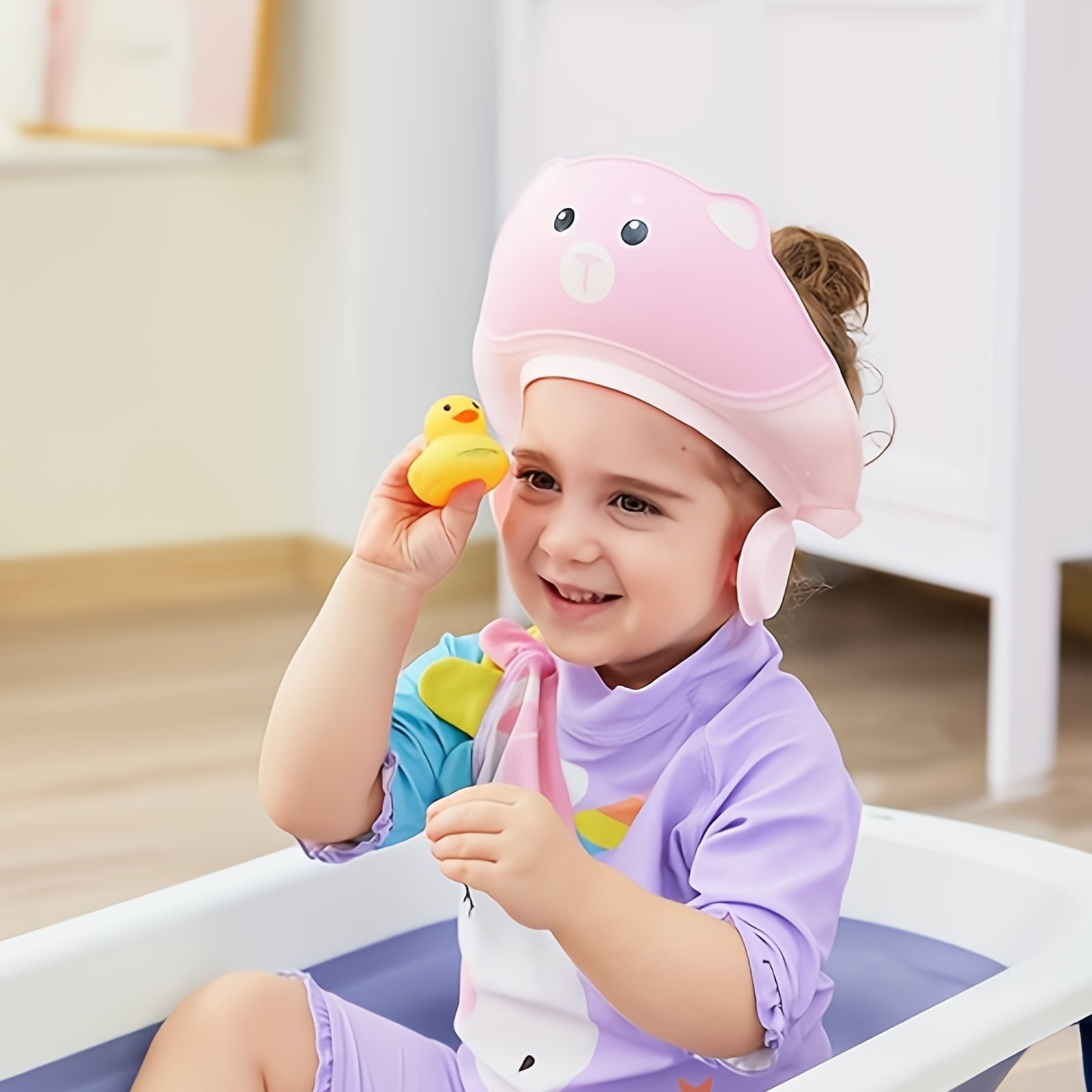 Touca de Banho Infantil Fofa com Estampa de Gato e Urso, Design de 3 Camadas e Sistema de Ventilação para as Orelhas - Cores Pastel Suaves (Rosa, Azul, Amarelo, Branco, Bege) - Touca de Banho para Bebê para Banheira, Spa e