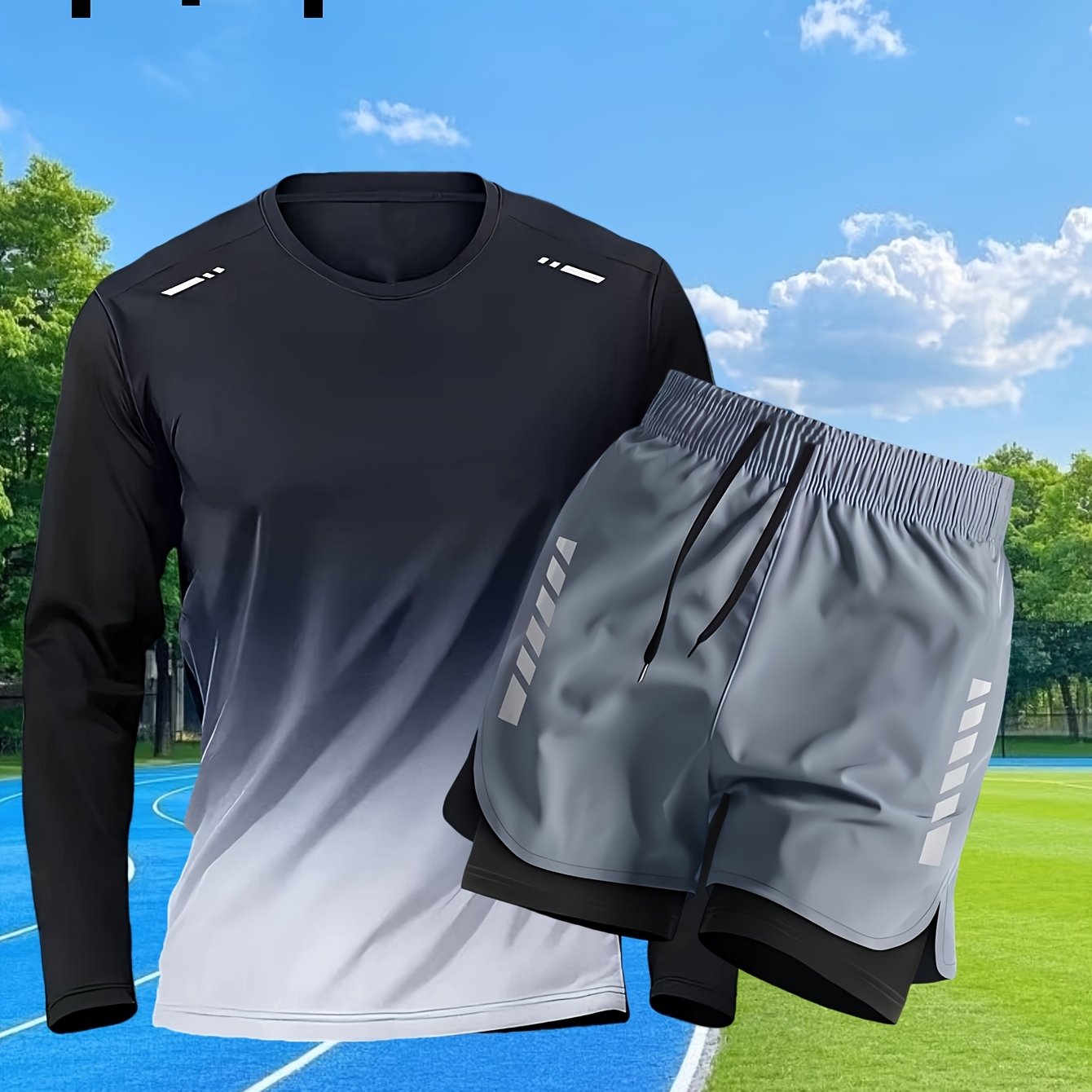 Conjunto Esportivo Masculino 2 Peças – Blusa de Manga Comprida + Shorts Justos de Camada Dupla