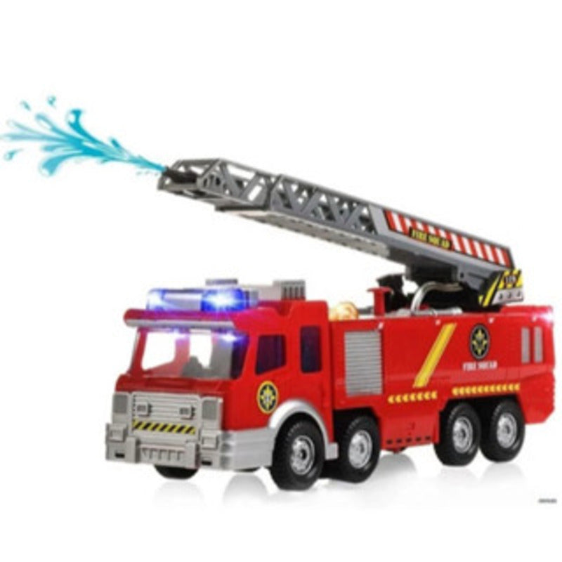 Caminhão de bombeiros vermelho com jato de água, efeitos sonoros e luminosos.