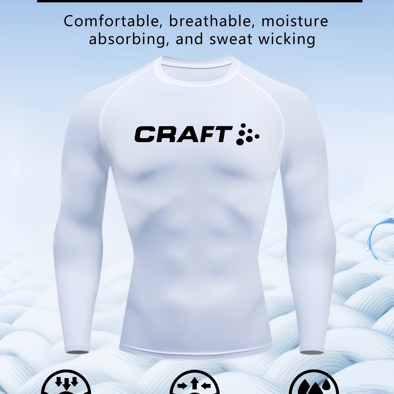 Camiseta de compressão masculina de manga comprida de alto desempenho CRAFT | Tecido de malha com gola redonda, secagem rápida, respirável e com absorção de umidade, ideal para fitness, corrida, boxe e uso casual. Leve e