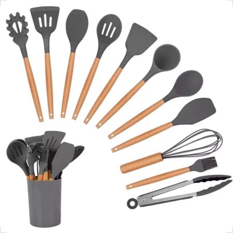 Jogo completo de utensílios de cozinha de luxo com 19 peças, incluindo tabuleiro de silicone, espátula, faca e tesoura.